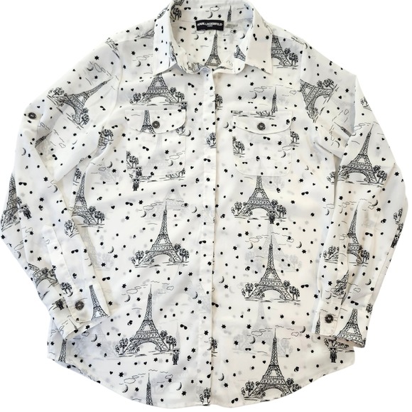 Karl Lagerfeld Paris Eiffel Tower whimsical crepe Long Sleeve Button Down Shirt - Picture 1 of 5